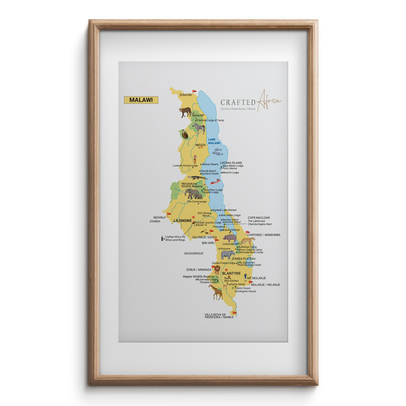 a framed map of Malawi